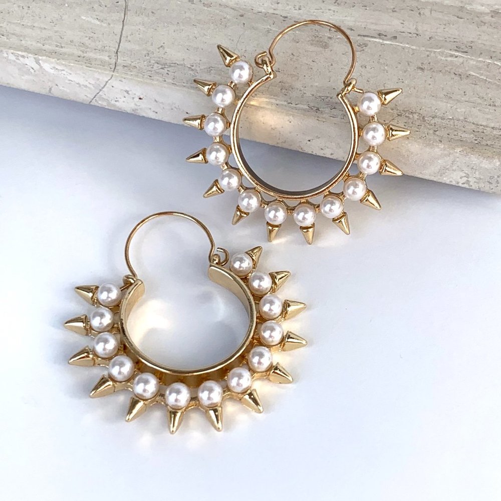 NEW~ Anthropologie Spiked Pearl Gold Hoop Earrings